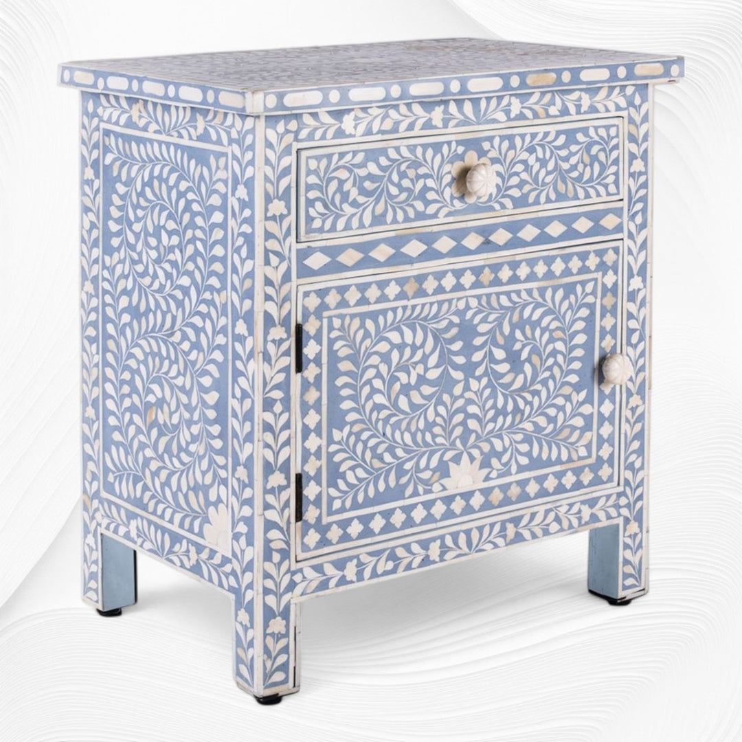 Bone Inlay Bedside Floral 1 Drawer 1 Door Light Blue
