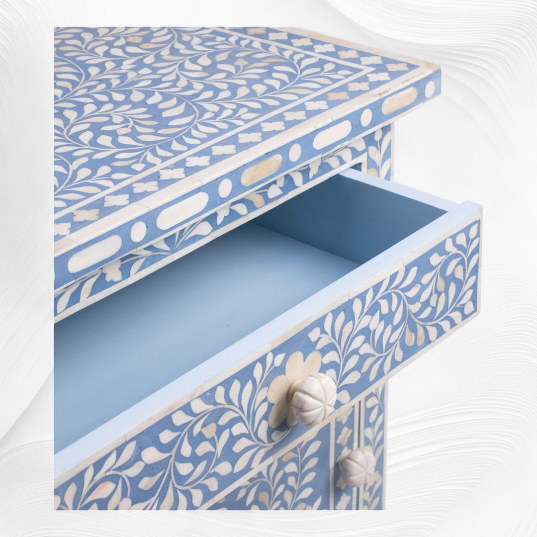 Bone Inlay Bedside Floral 1 Drawer 1 Door Light Blue