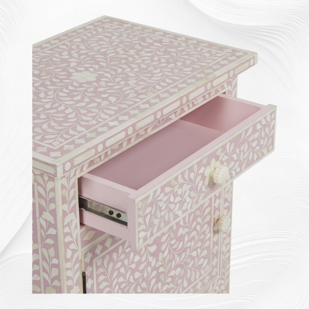 Bone Inlay Bedside Floral 1 Drawer 1 Door Blush Pink