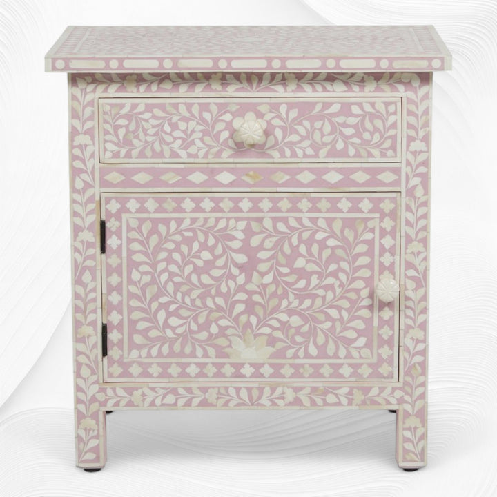 Bone Inlay Bedside Floral 1 Drawer 1 Door Blush Pink