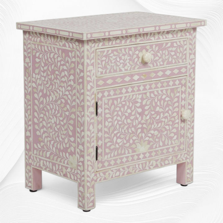 Bone Inlay Bedside Floral 1 Drawer 1 Door Blush Pink