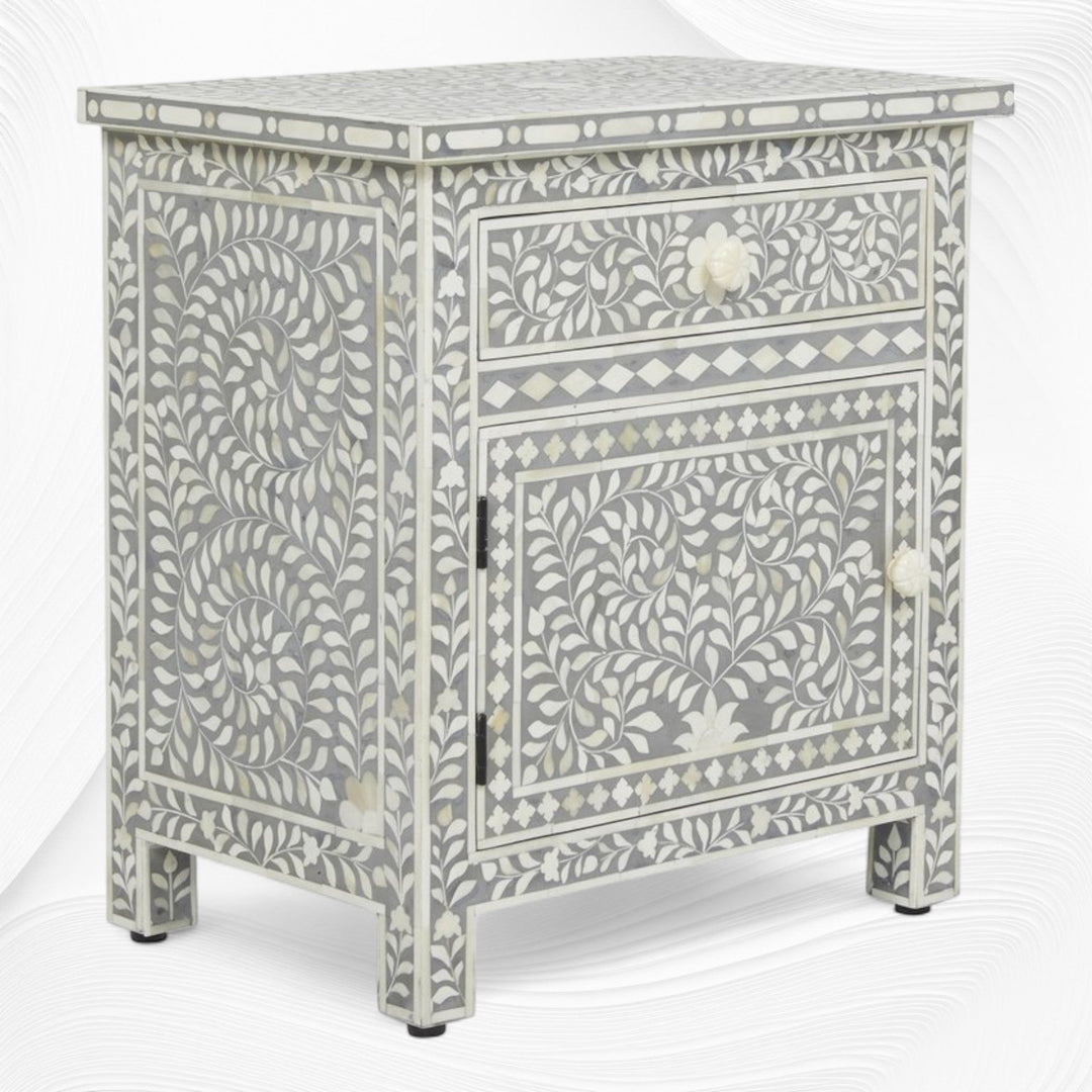 Bone Inlay Bedside Floral 1 Drawer 1 Door Grey