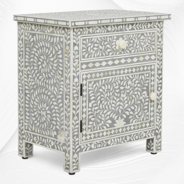 Bone Inlay Bedside Floral 1 Drawer 1 Door Grey