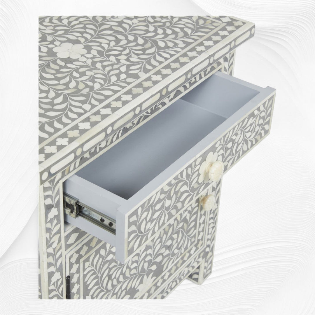 Bone Inlay Bedside Floral 1 Drawer 1 Door Grey