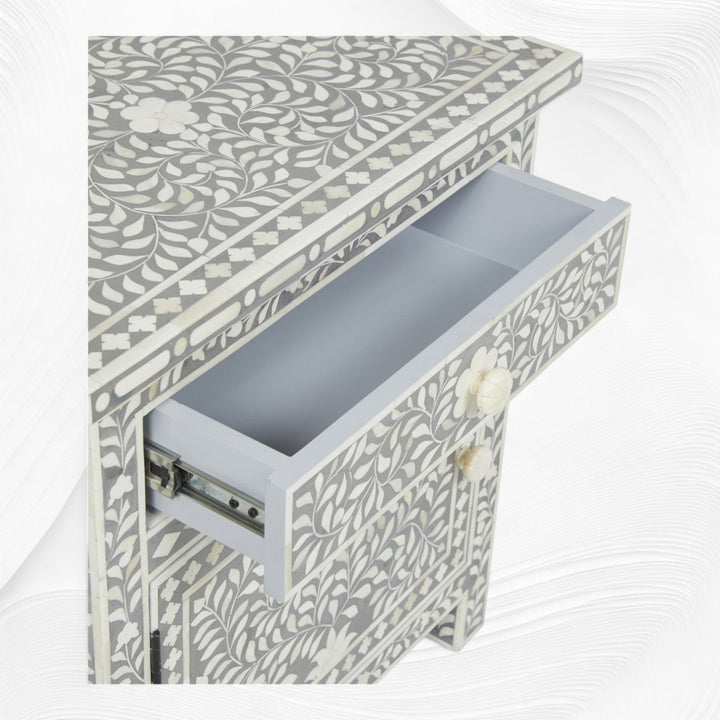 Bone Inlay Bedside Floral 1 Drawer 1 Door Grey