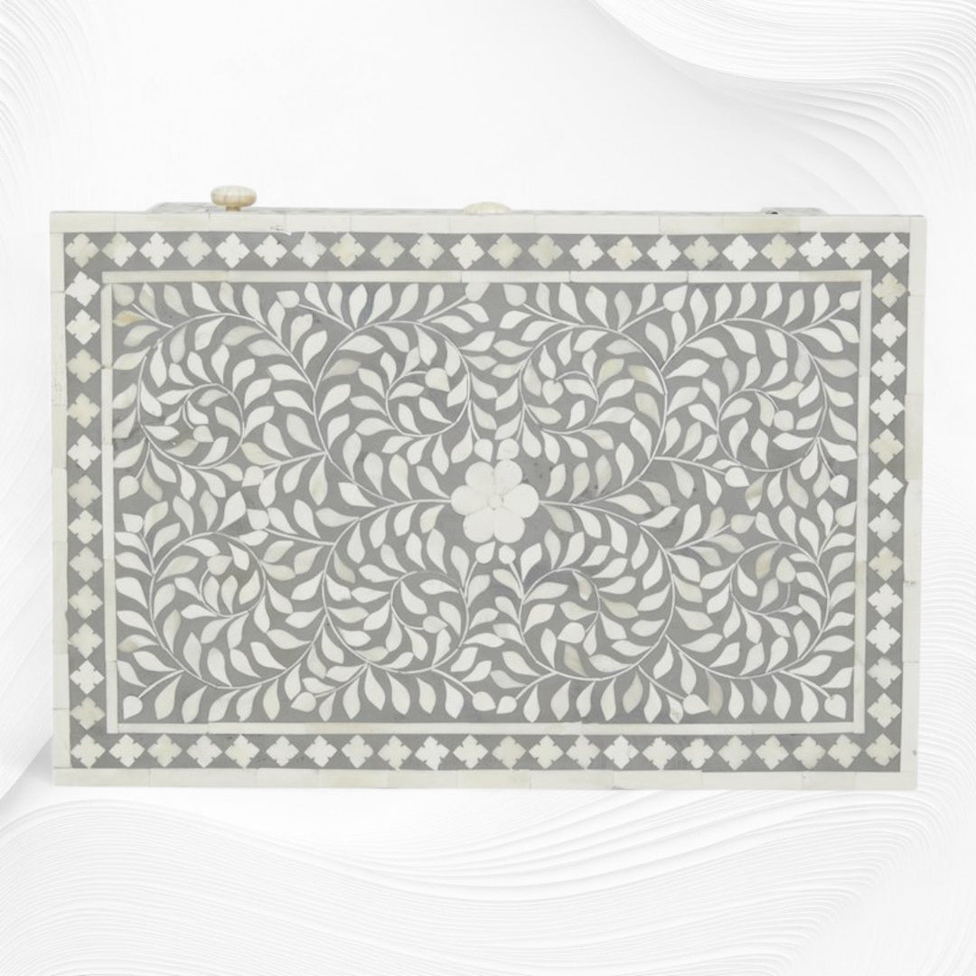 Bone Inlay Bedside Floral 1 Drawer 1 Door Grey