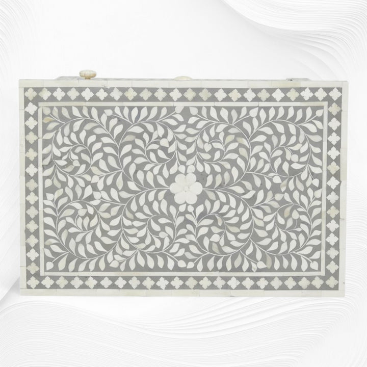 Bone Inlay Bedside Floral 1 Drawer 1 Door Grey