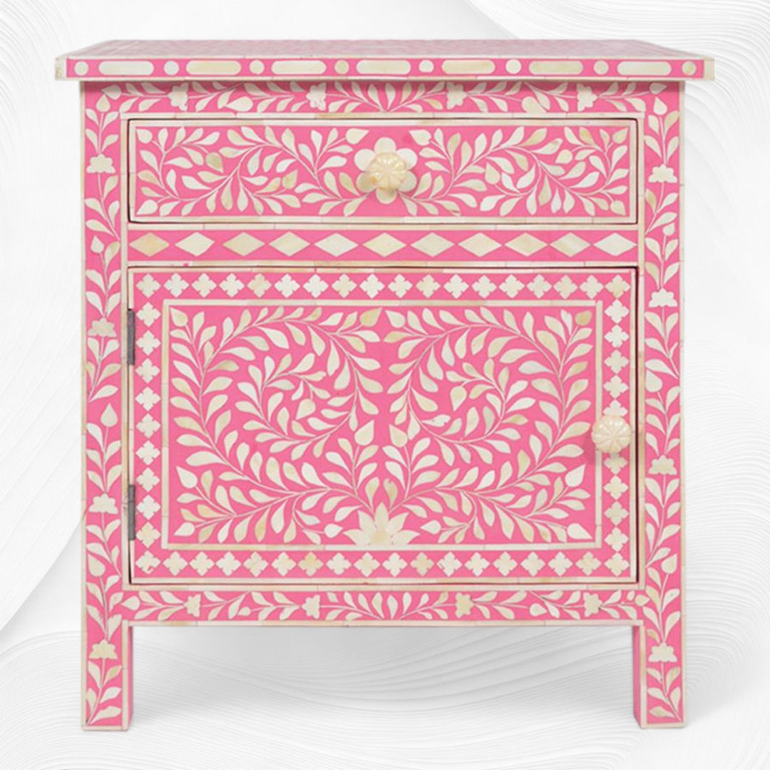 Bone Inlay Bedside Floral 1 Drawer 1 Door Pink