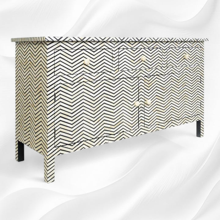 Bone Inlay Chevron 3 Drawer 2 Door Sideboard Black