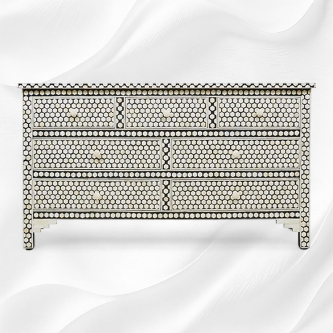 Bone Inlay Commode 7 Drawers Inverse Hexagon Black