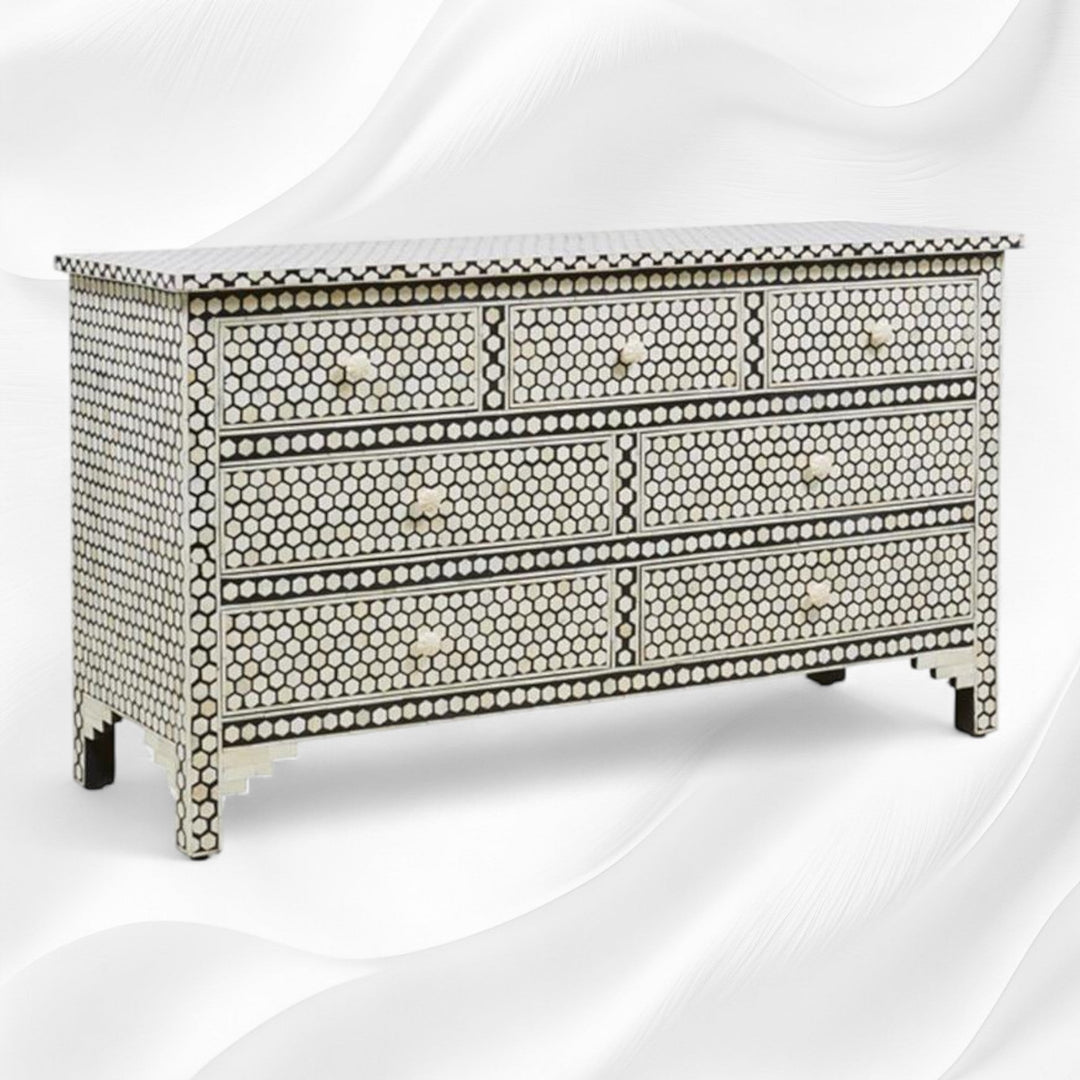 Bone Inlay Commode 7 Drawers Inverse Hexagon Black