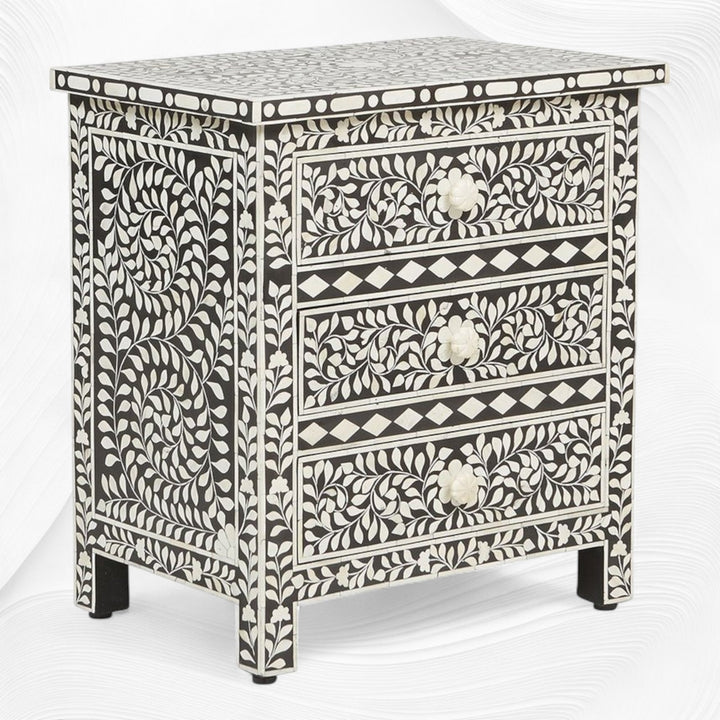Bone Inlay Floral 3 Drawer Bedside Black