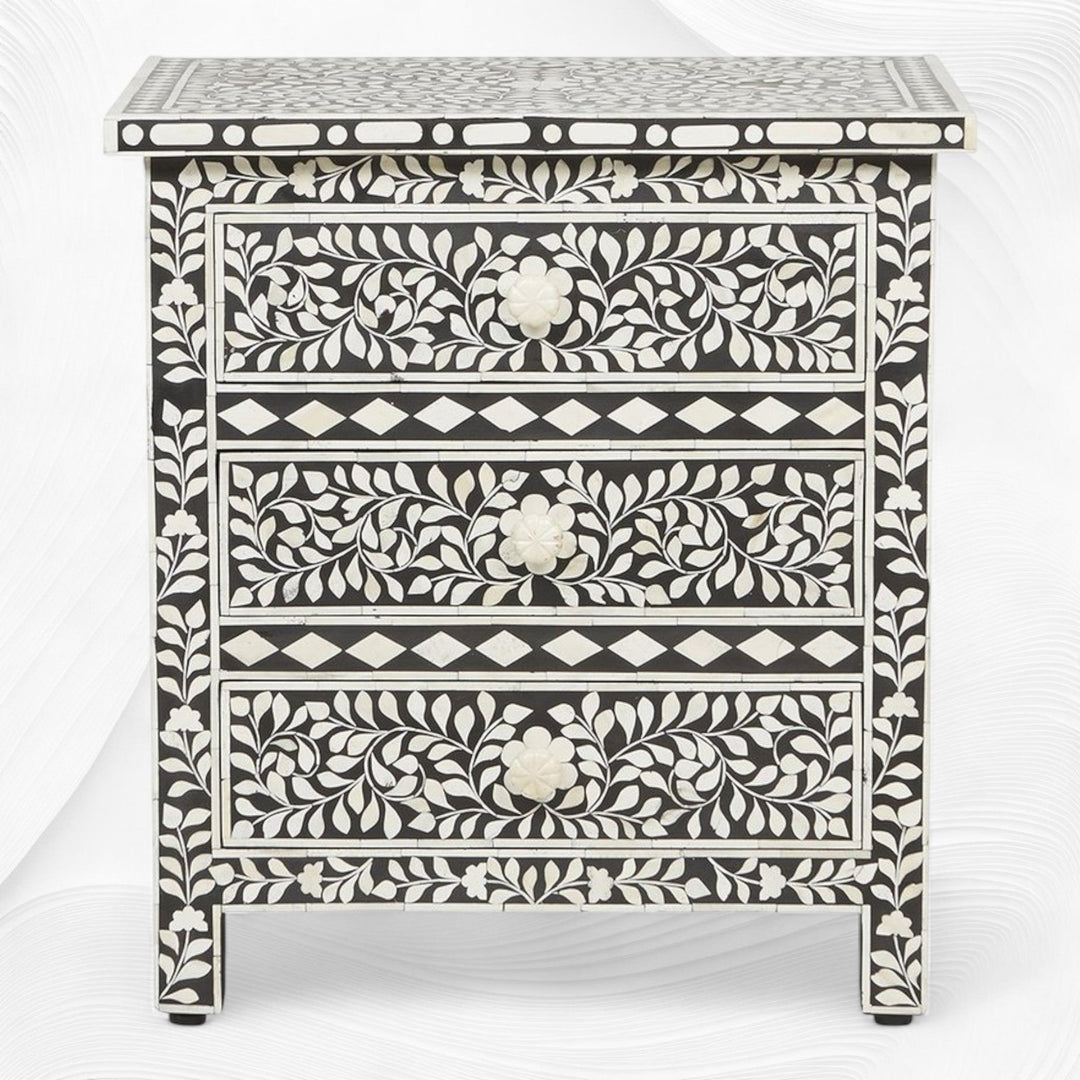 Bone Inlay Floral 3 Drawer Bedside Black