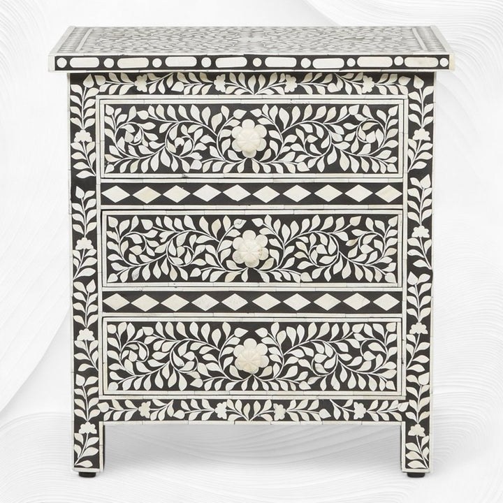Bone Inlay Floral 3 Drawer Bedside Black