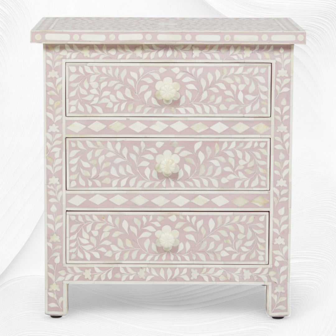 Bone Inlay Floral 3 Drawer Bedside Blush Pink