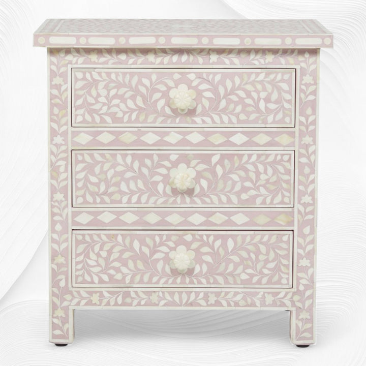 Bone Inlay Floral 3 Drawer Bedside Blush Pink
