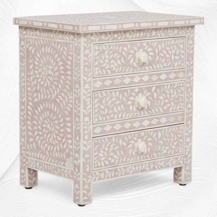 Bone Inlay Floral 3 Drawer Bedside Blush Pink