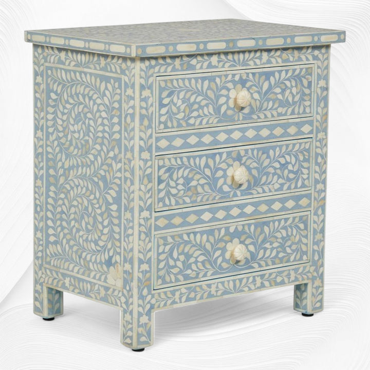 Bone Inlay Floral 3 Drawer Bedside Light Blue