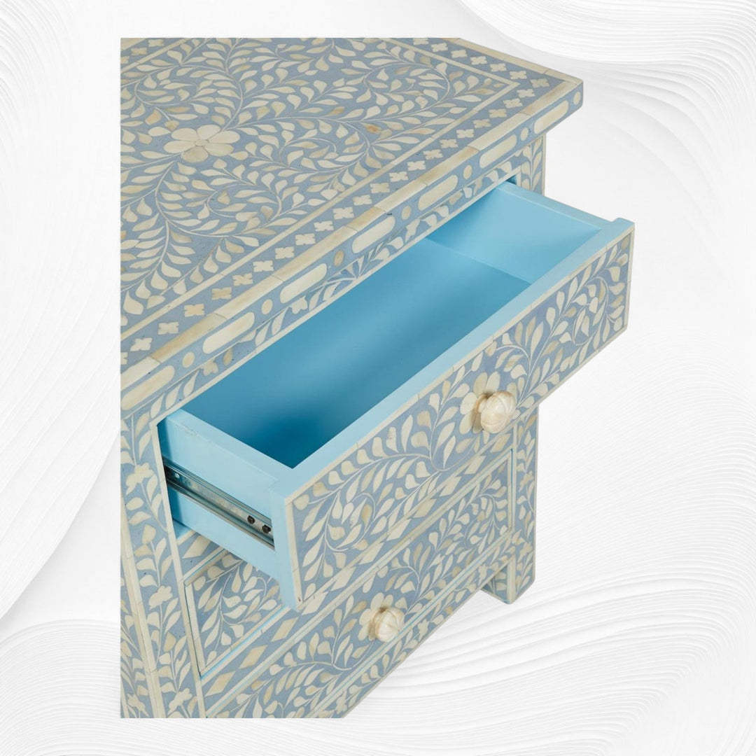 Bone Inlay Floral 3 Drawer Bedside Light Blue