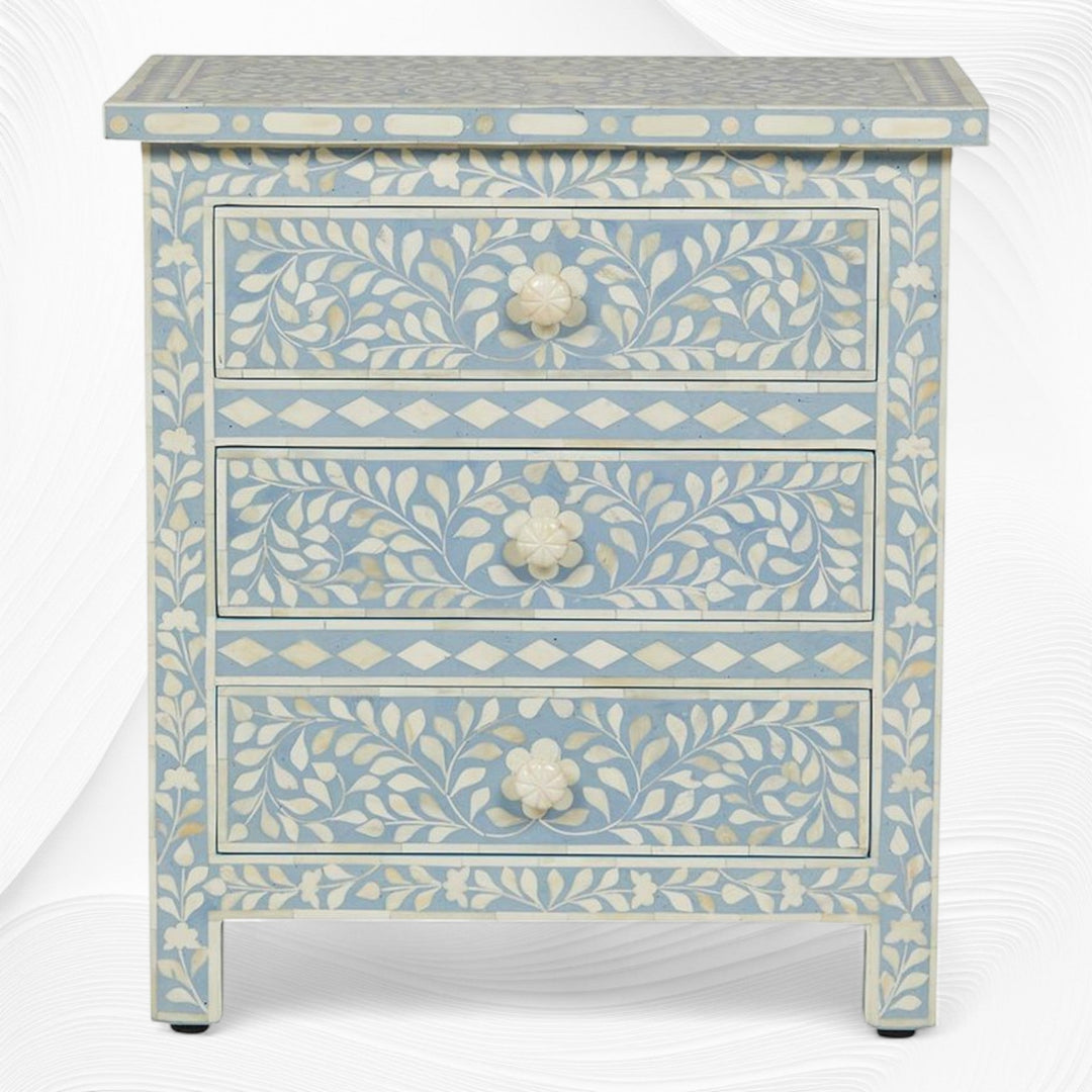 Bone Inlay Floral 3 Drawer Bedside Light Blue
