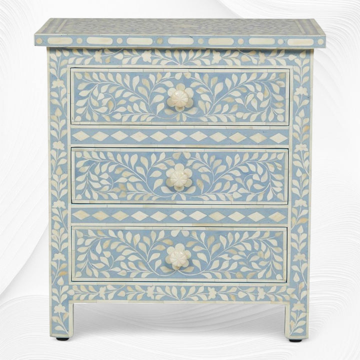 Bone Inlay Floral 3 Drawer Bedside Light Blue
