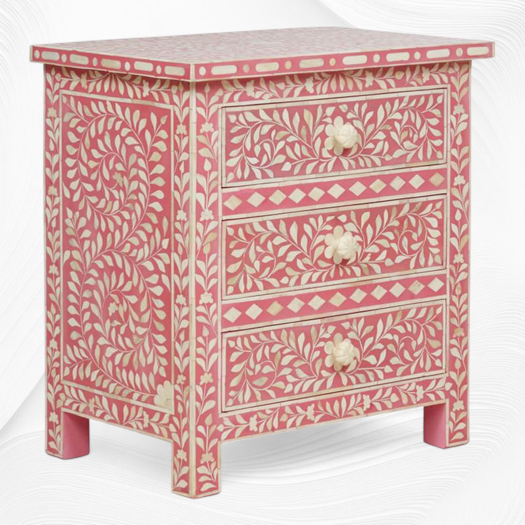 Bone Inlay Floral 3 Drawer Bedside Pink