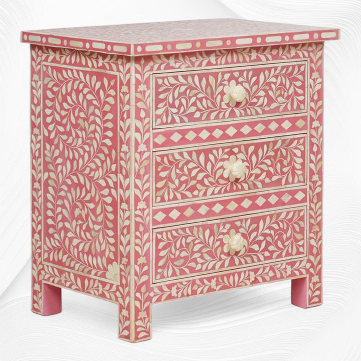 Bone Inlay Floral 3 Drawer Bedside Pink