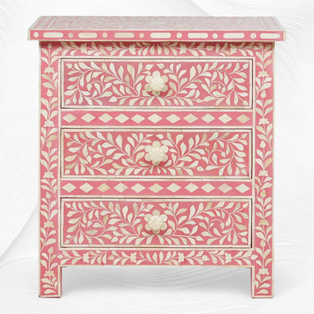 Bone Inlay Floral 3 Drawer Bedside Pink