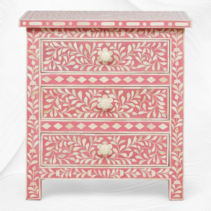 Bone Inlay Floral 3 Drawer Bedside Pink