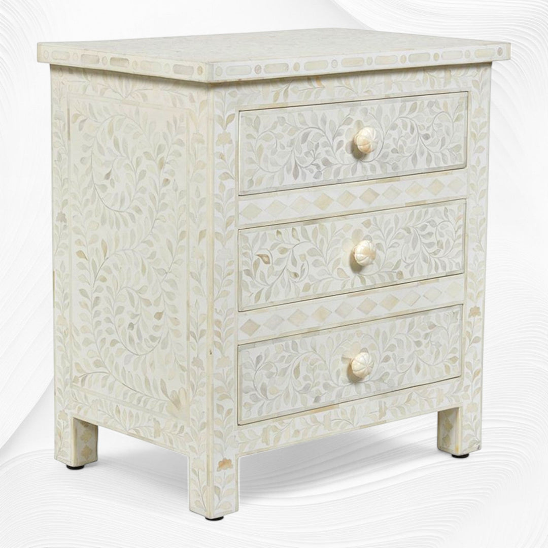 Bone Inlay Floral 3 Drawer Bedside White