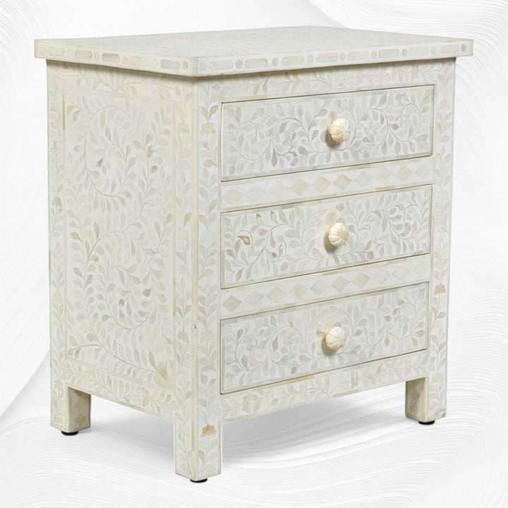 Bone Inlay Floral 3 Drawer Bedside White
