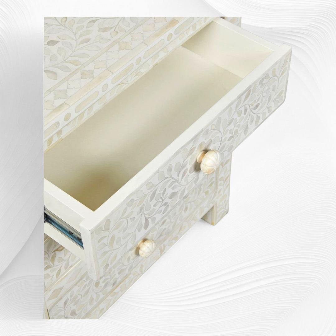 Bone Inlay Floral 3 Drawer Bedside White