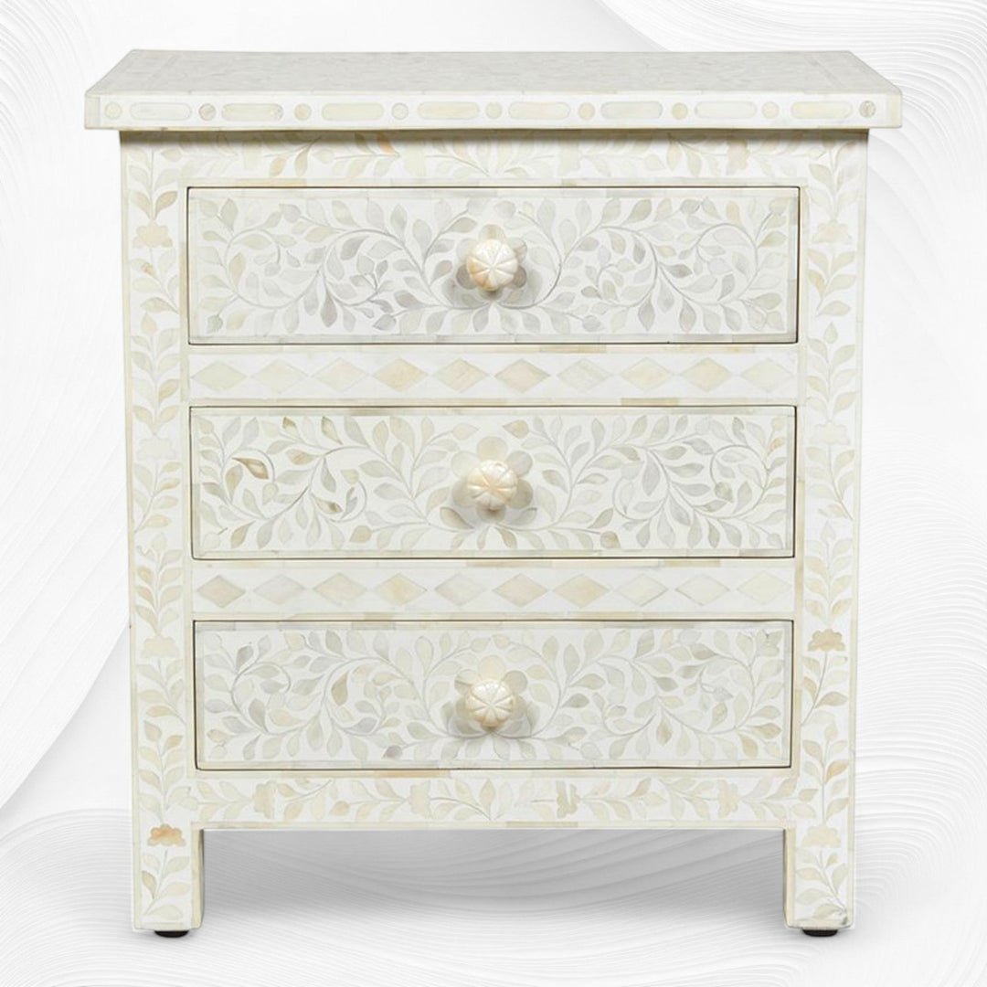 Bone Inlay Floral 3 Drawer Bedside White