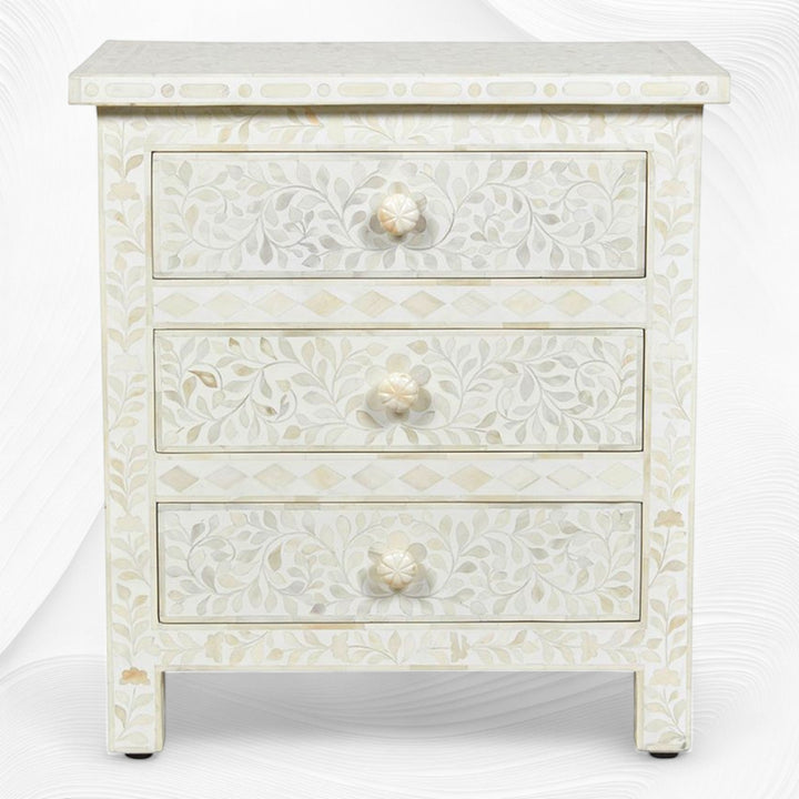 Bone Inlay Floral 3 Drawer Bedside White