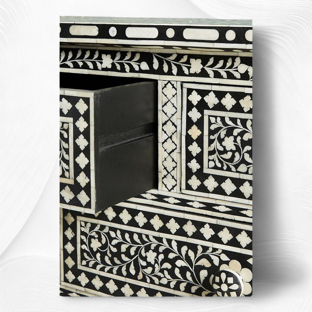Bone Inlay Floral Chest of 7 Drawers Black