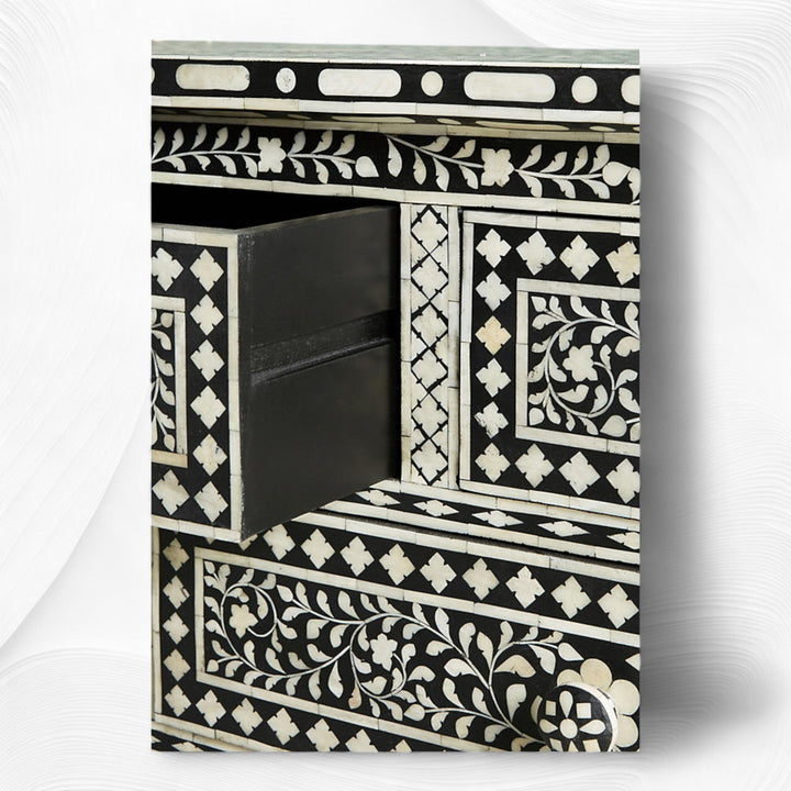Bone Inlay Floral Chest of 7 Drawers Black