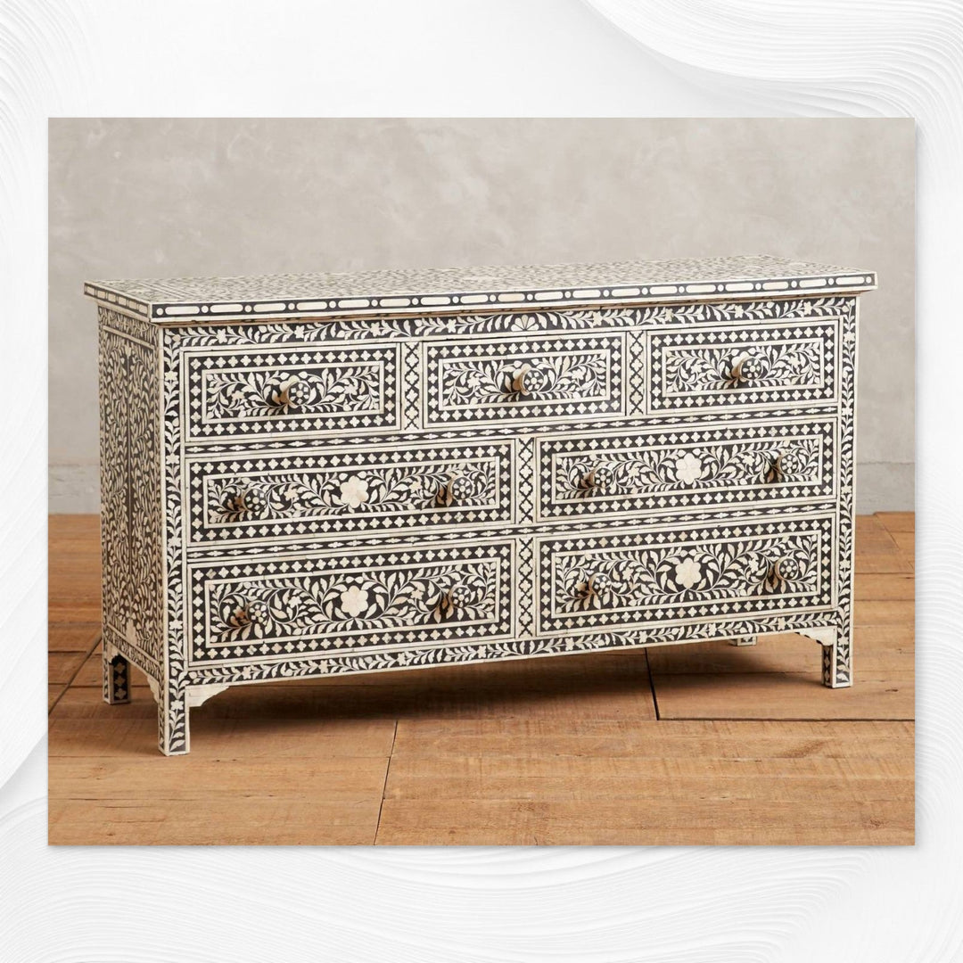 Bone Inlay Floral Chest of 7 Drawers Black