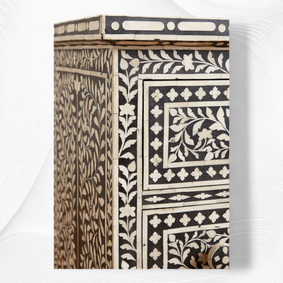 Bone Inlay Floral Chest of 7 Drawers Black