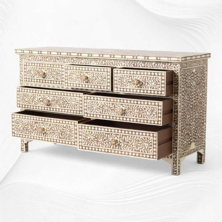 Bone Inlay Floral Chest of 7 Drawers Brown