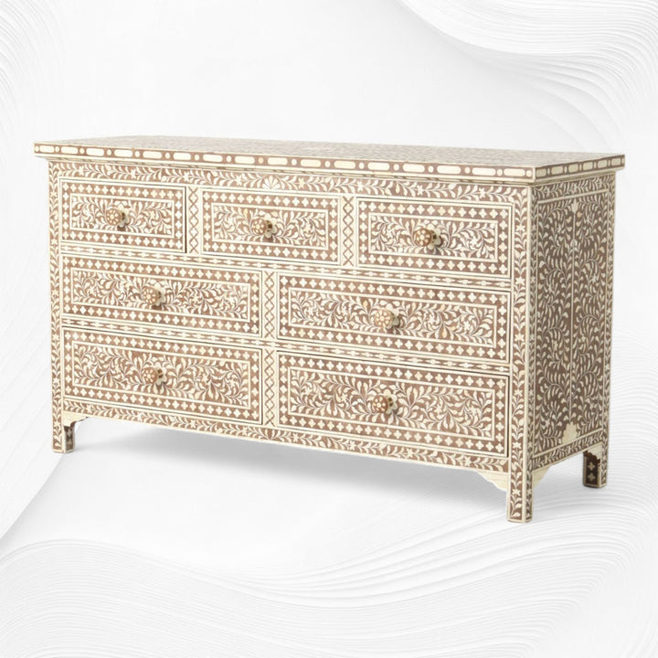 Bone Inlay Floral Chest of 7 Drawers Brown