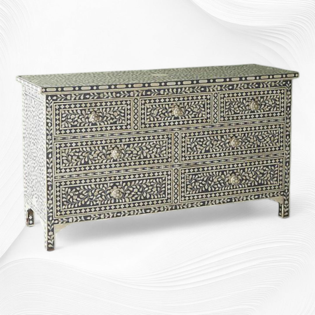 Bone Inlay Floral Chest Of 7 Drawers Grey