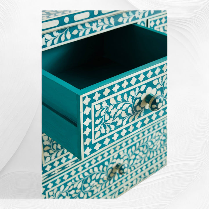 Bone Inlay Floral Chest of 7 Drawers Teal Green