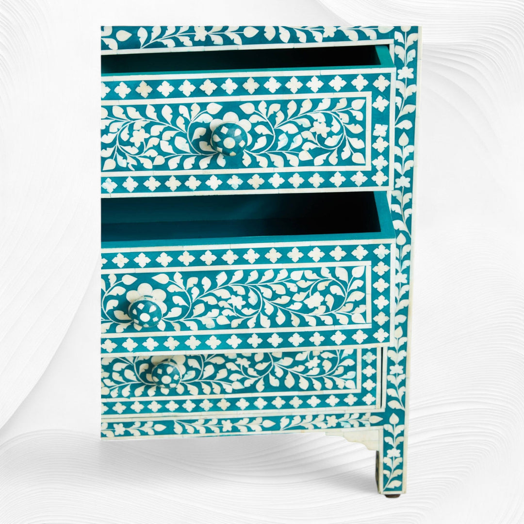 Bone Inlay Floral Chest of 7 Drawers Teal Green