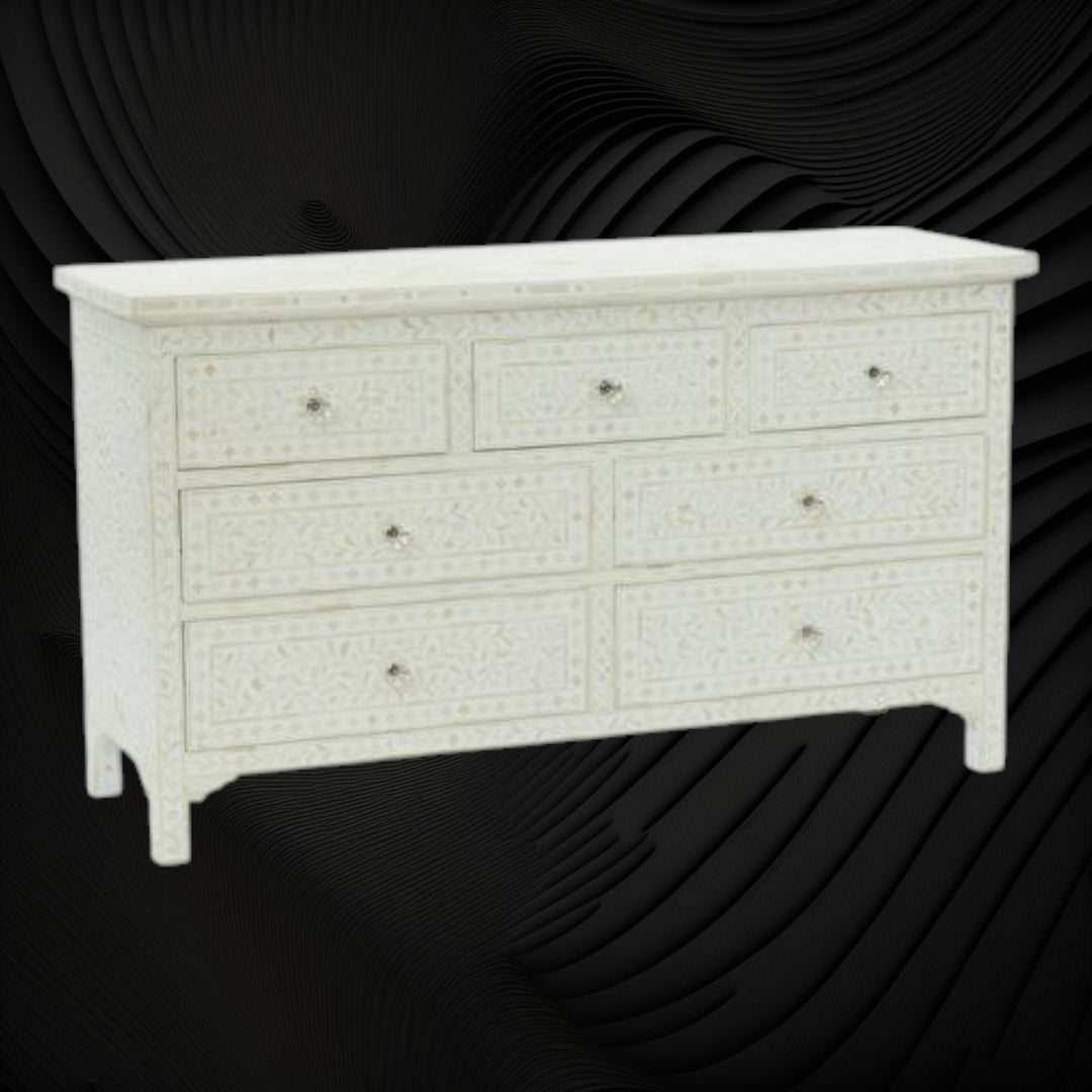 Bone Inlay Floral Chest of 7 Drawers White