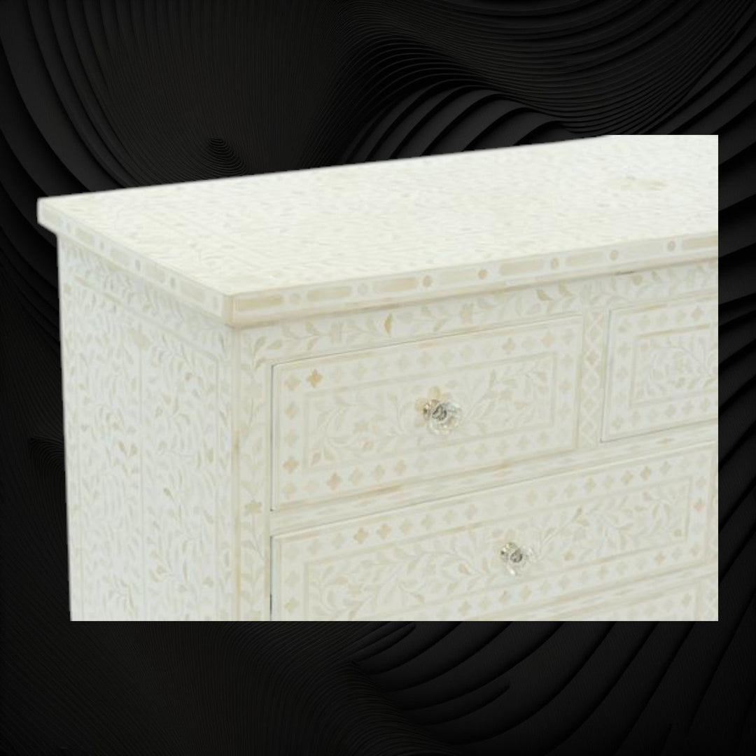 Bone Inlay Floral Chest of 7 Drawers White