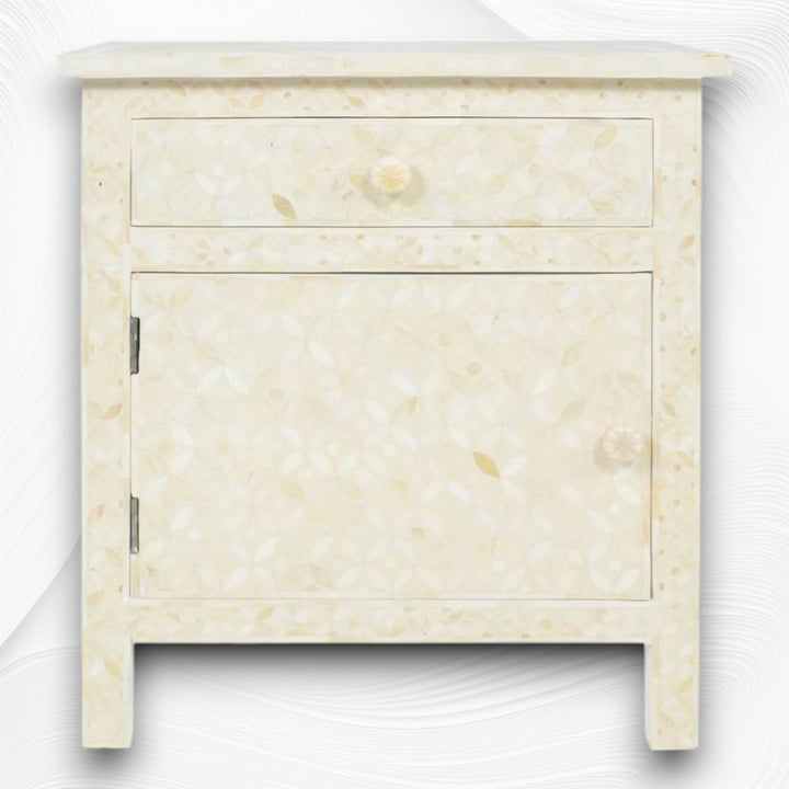 Bone Inlay Geometric Bedside 1 Drawer 1 Door Biege