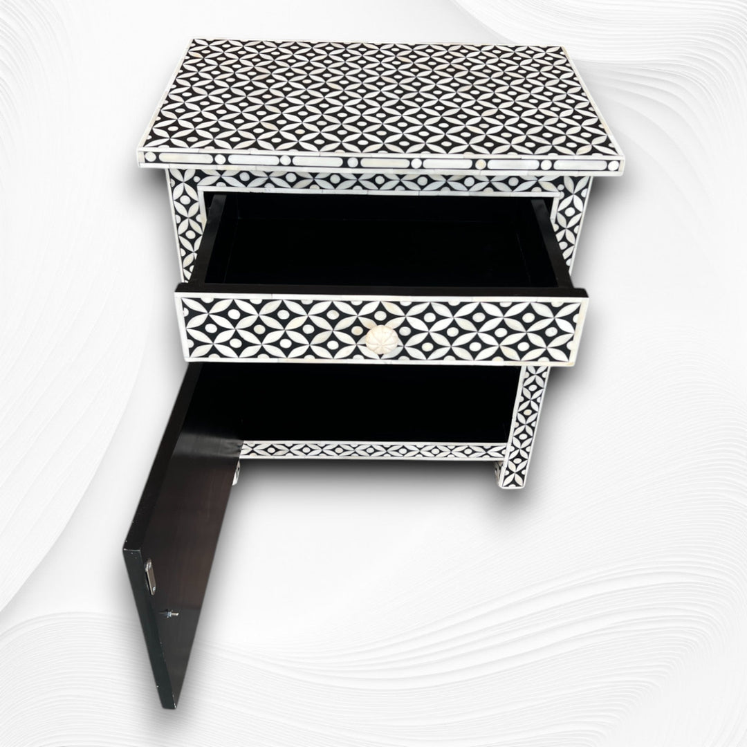 Bone Inlay Geometric Bedside 1 Drawer 1 Door Black