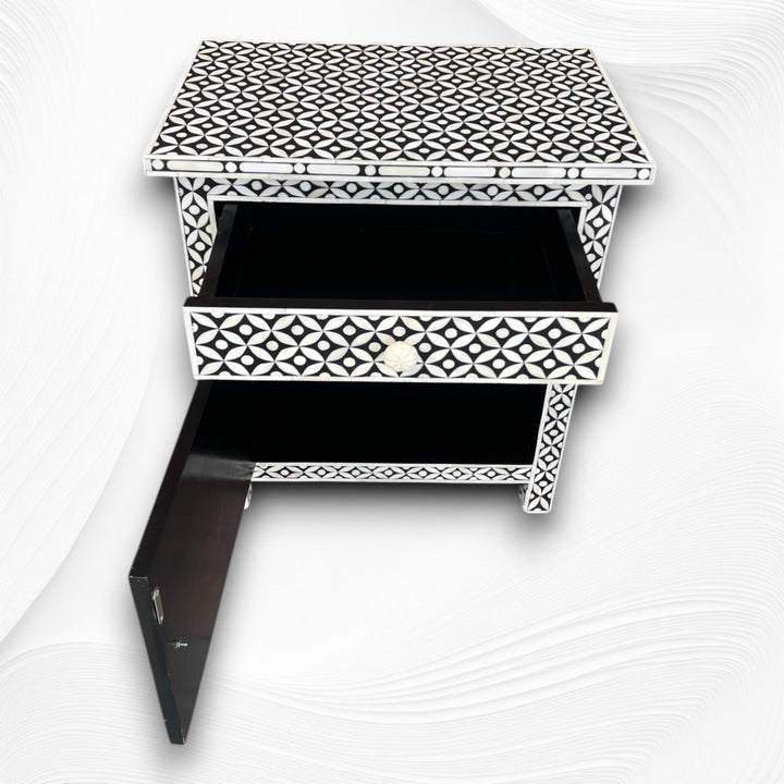 Bone Inlay Geometric Bedside 1 Drawer 1 Door Black