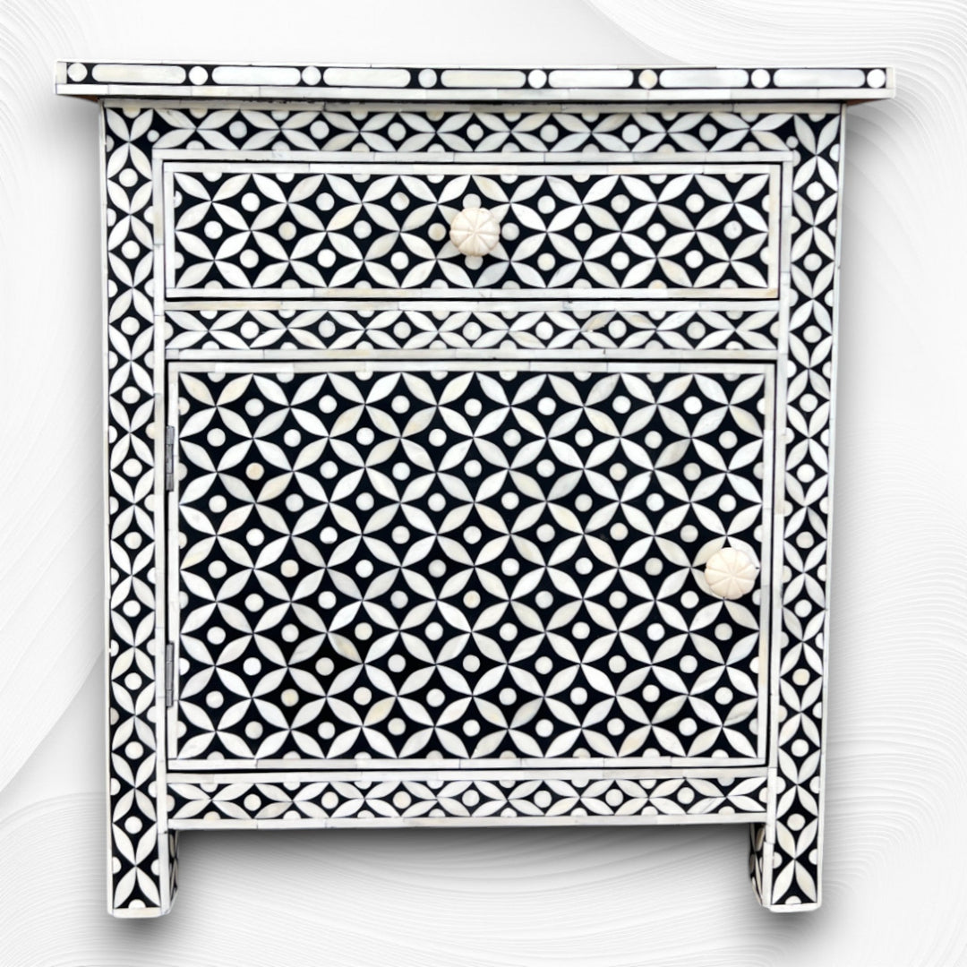 Bone Inlay Geometric Bedside 1 Drawer 1 Door Black