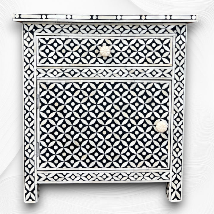 Bone Inlay Geometric Bedside 1 Drawer 1 Door Black